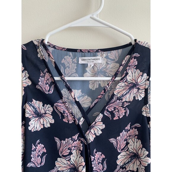 Grayson Threads Blue Floral Faux Wrap Front Sleeveless Blouse Women's Size Small - Picture 5 of 6